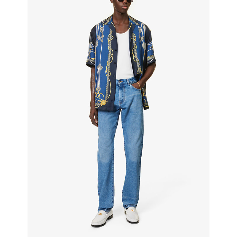 Shop Versace Men's Faded Light Blue Faded-wash Belt-loop Straight-leg Mid-rise Jeans