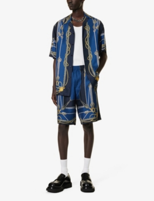 Shop Versace Men's Blue Gold Baroque Graphic-print Silk Shorts In Multi-coloured