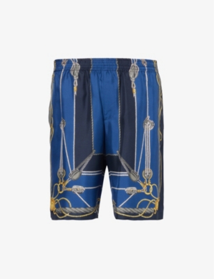 Versace Mens Blue Gold Baroque Graphic-print Silk Shorts In Multi-coloured