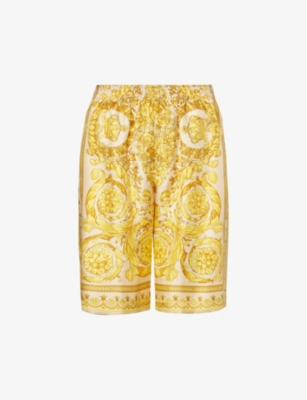 Versace Golden Barocco Print Silk Shorts In Champagne