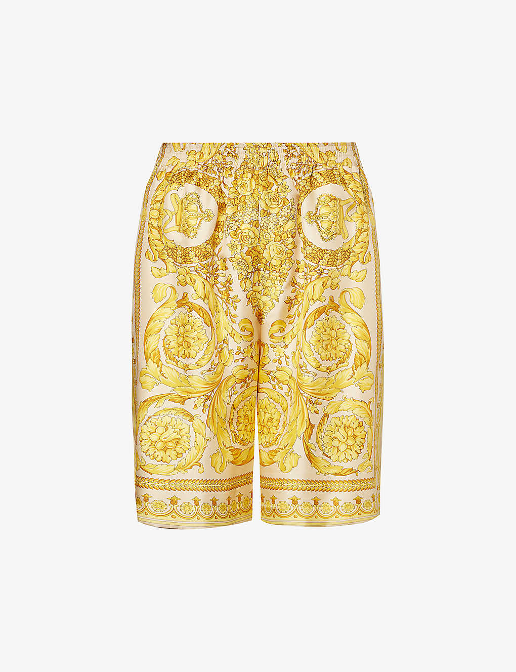 Shop Versace Baroque Graphic-print Silk Shorts In Champagne