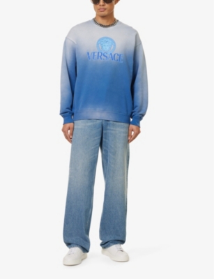 Shop Versace Men's Royal Blue Brand-print Gradient-design Cotton-jersey Sweatshirt