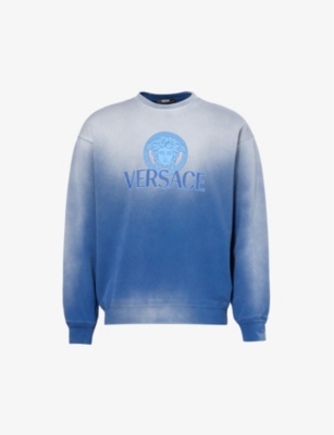 Shop Versace Men's Royal Blue Brand-print Gradient-design Cotton-jersey Sweatshirt