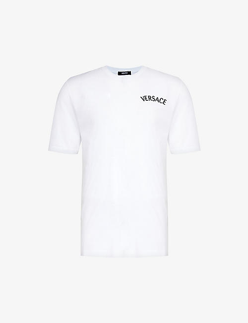 VERSACE: Logo-embroidered crewneck cotton-jersey T-shirt