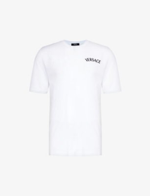 Shop Versace Mens White Logo-embroidered Crewneck Cotton-jersey T-shirt
