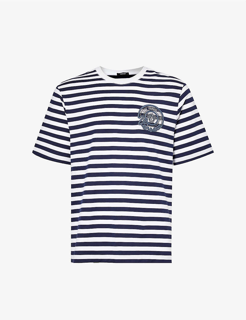 Shop Versace Striped Brand-embroidered Cotton-jersey T-shirt In Multi-coloured