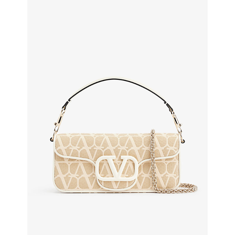 Shop Valentino Locò Vlogo Canvas Shoulder Bag In Naturale/ivory