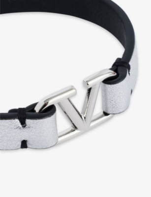 Shop Valentino Garavani Womens Silver Logo-charm Leather Bracelet