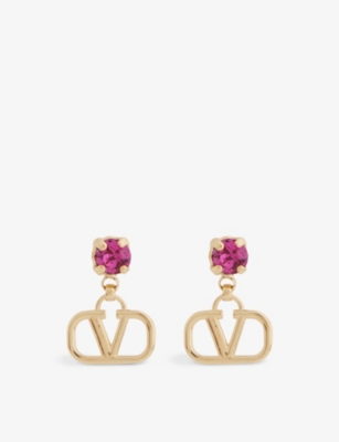 Valentino Garavani Womens Oro 18/fucsia Logo-charm Brass Drop Earrings In Gold
