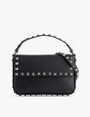 Shop Valentino Rockstud Logo-embossed Leather Cross-body Bag In Nero