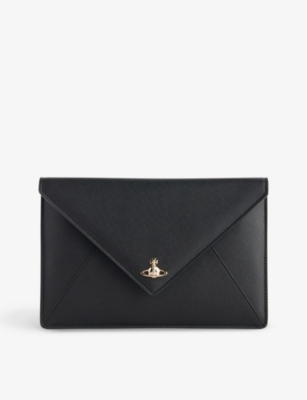 Vivienne Westwood Womens Black Logo-plaque Envelope Leather Clutch