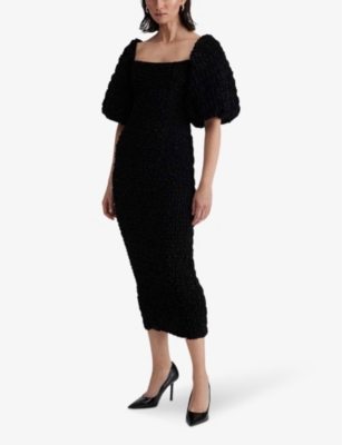 Shop By Malina Carli Square-neck Smocked Woven Midi Dress In Black