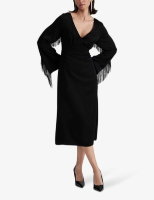 Shop By Malina Malina Women's Black Sasha V-neck Fringed Woven Midi Dress