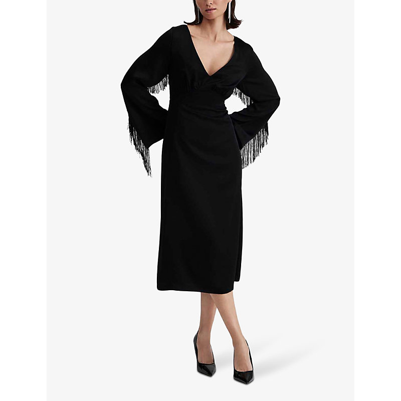Shop By Malina Malina Women's Black Sasha V-neck Fringed Woven Midi Dress