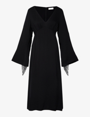 By Malina Womens Black Sasha V-neck Fringed Woven Midi Dress