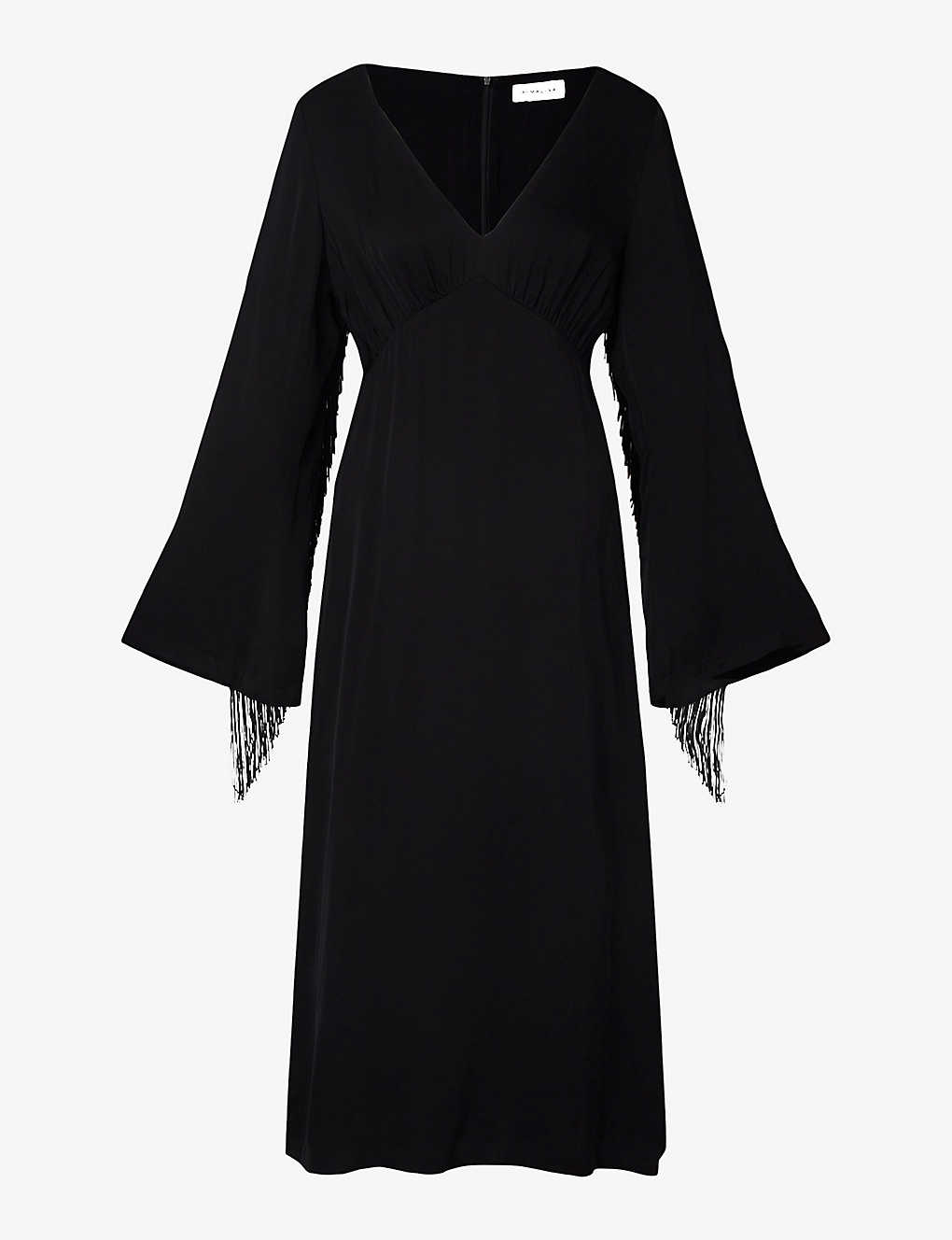 By Malina Womens Black Sasha V-neck Fringed Woven Midi Dress