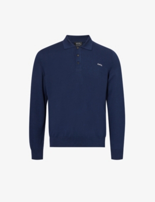 Apc Mens Dark Navy Brand-embroidered Long-sleeved Cotton-knit Polo Shirt