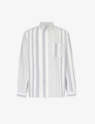Shop Apc Men's Grey White Striped Relaxed-fit Cotton Shirt