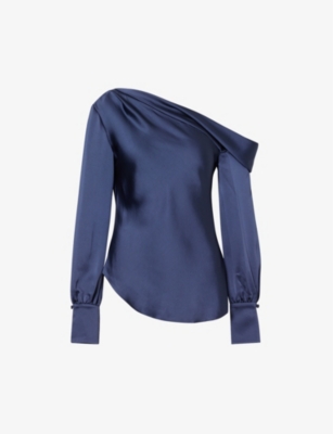Simkhai Womens Midnight Alice Asymmetric-neck Satin Top In Blue