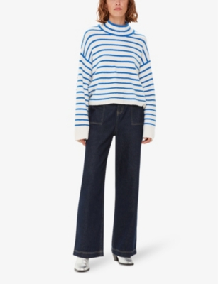 Whistles Stripe Rib Detail Funnel Knit Sweater In Multi-coloured