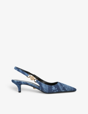 VERSACE: Medusa 40 denim slingback courts