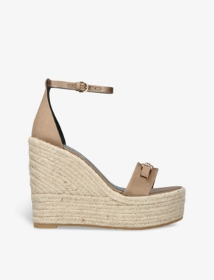 Versace Womens Camel Medusa Head Brand-plaque Woven Wedge Espadrilles