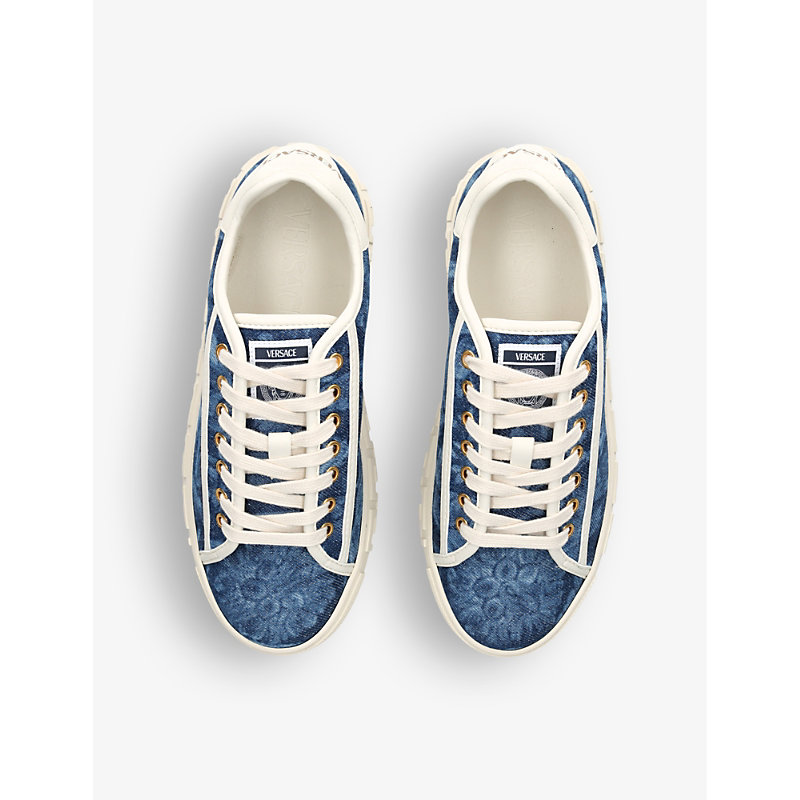 Shop Versace Womens Denim Baroque Graphic-pattern Canvas Low-top Trainers In Blue