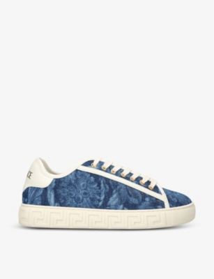 Versace Womens Denim Baroque Graphic-pattern Canvas Low-top Trainers