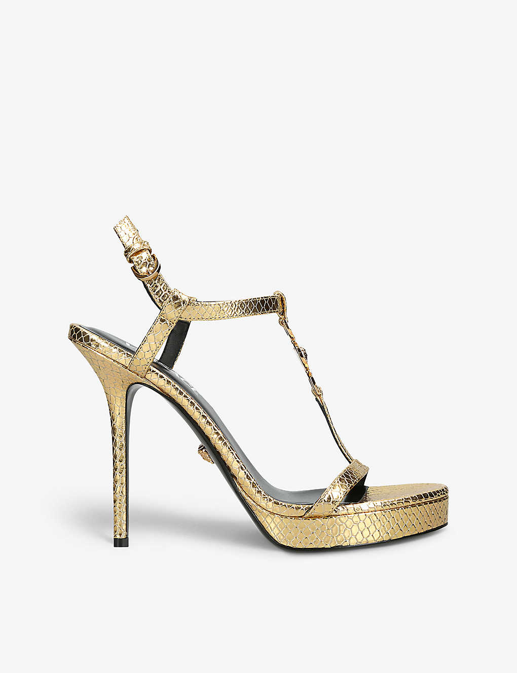 Versace Womens Gold T-bar 95 Metallic-leather Heeled Sandals
