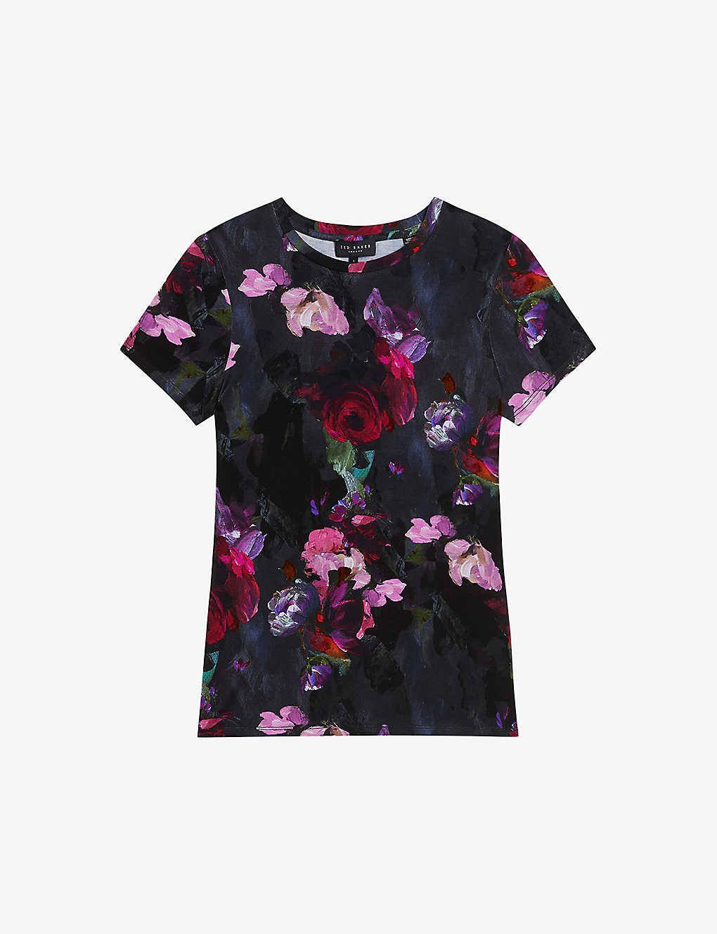 Ted Baker Womens Black Printed Floral-print Fitted Stretch-woven T-shirt