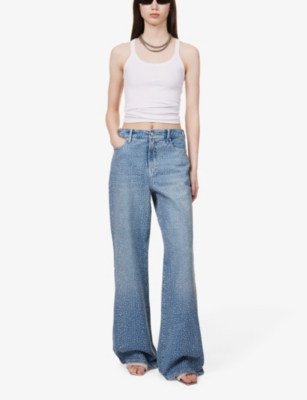 Shop Good American Women's Indigo Good Ease Rhinestone-embellished Wide-leg Recycled Denim-blend Jeans