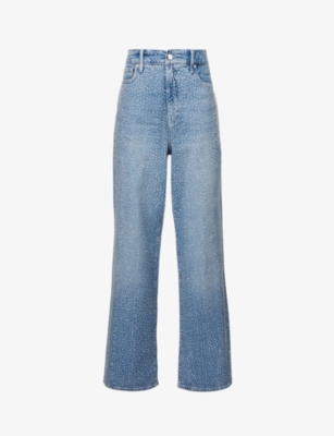 Good American Womens Indigo Good Ease Rhinestone-embellished Wide-leg Recycled Denim-blend Jeans