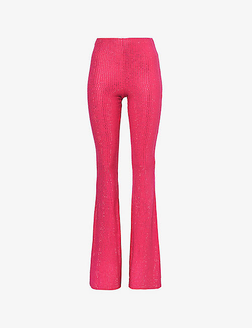 GOOD AMERICAN: Crystal-embellished flared high-rise stretch-cotton trousers