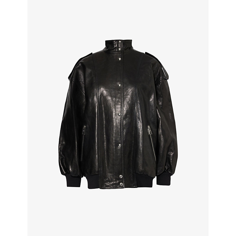 Shop Khaite Women's Black Farris High-neck Oversized Leather Jacket