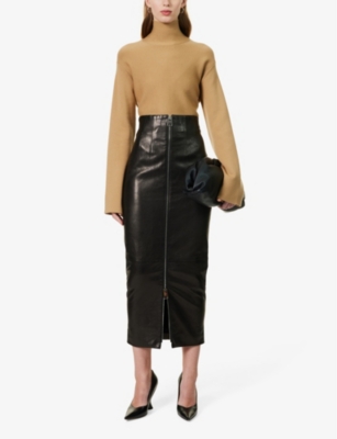 Shop Khaite Women's Black Ruddy Slim-fit Leather Midi Pencil Skirt