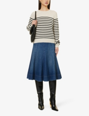 Shop Khaite Lennox Flared-hem Recycled Denim-blend Midi Skirt In Archer