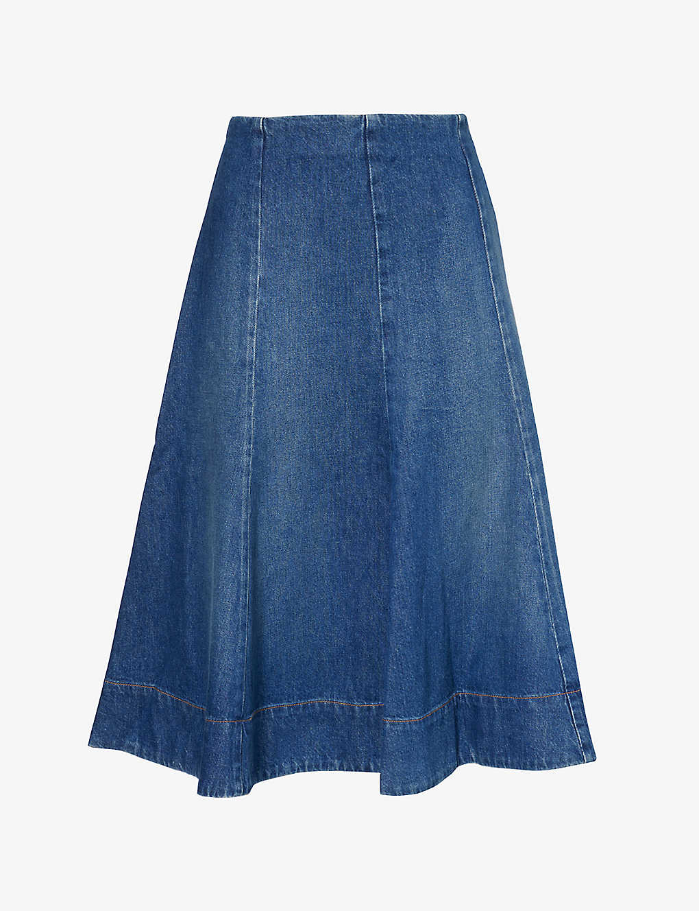 Shop Khaite Lennox Flared-hem Recycled Denim-blend Midi Skirt In Archer