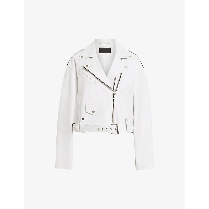 Shop Allsaints Womens Optic White Dayle Oversized Leather Biker Jacket
