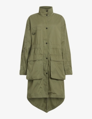 Shop Allsaints Women's Khaki Green Milla Branded Spray-paint Print Organic-cotton Parka