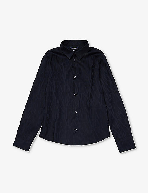 EMPORIO ARMANI: Brand-text curved-hem cotton shirt 6-14 years