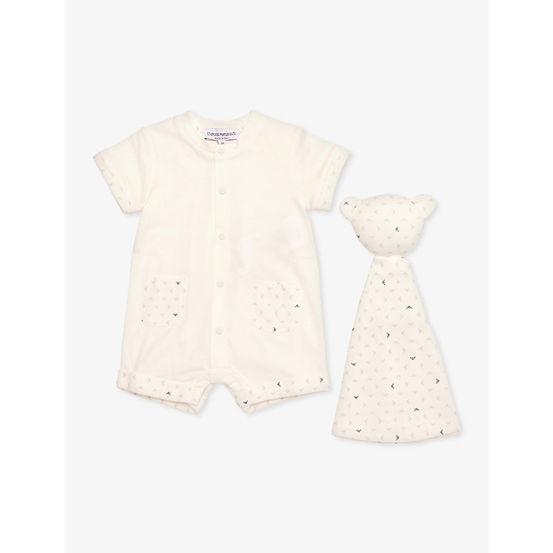 Emporio Armani Babies'  Aquilebianche Romper And Teddy Two-piece Cotton Gift Set 1-6 Months In White
