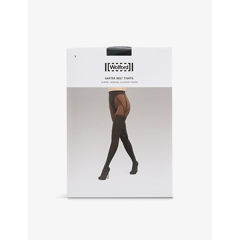 Shop Wolford Womens Black/black Garter-belt Stretch-woven Tights