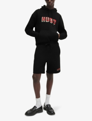 Hugo Boss Hugo Mens Black Logo-print Relaxed-fit Cotton Sweatshorts In Black