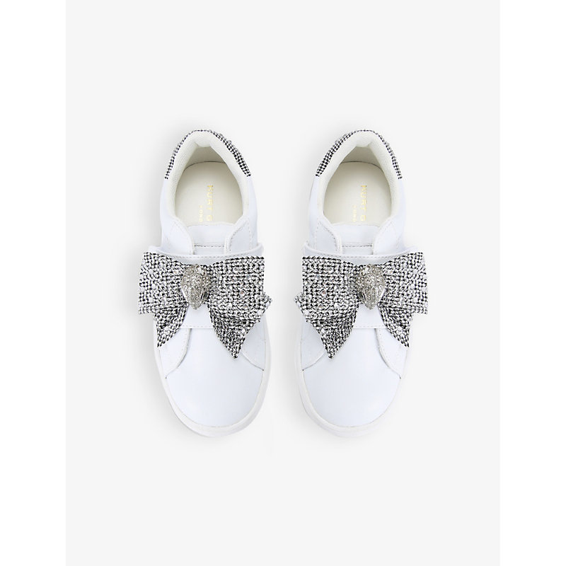 Shop Kurt Geiger Mini Laney Bow Crystal-embellished Leather Low-top Trainers In Silver Com