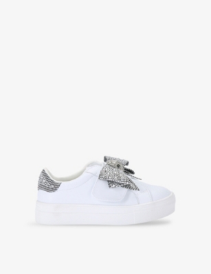 Shop Kurt Geiger London Girls Silver Com Kids Mini Laney Bow Crystal-embellished Leather Low-top Trainers