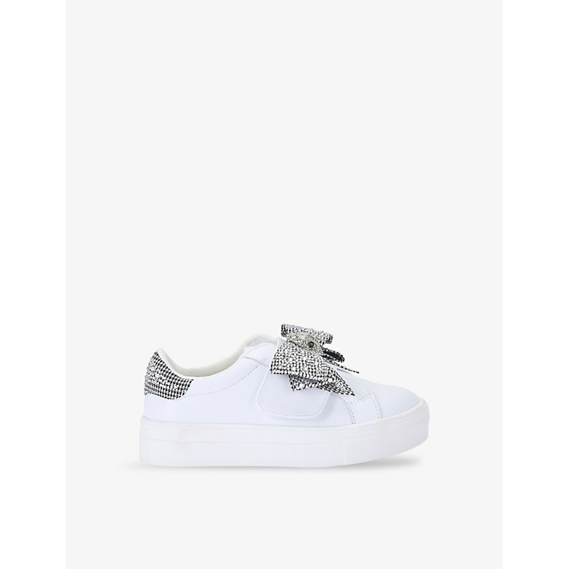 Shop Kurt Geiger London Girls Silver Com Kids Mini Laney Bow Crystal-embellished Leather Low-top Trainers
