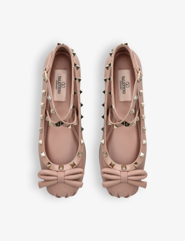 Rockstud bow-embellished crossover-strap leather ballet flats