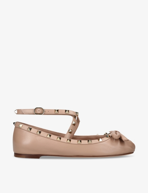 Rockstud bow-embellished crossover-strap leather ballet flats