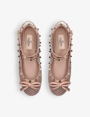 Shop Valentino Rockstud Bow-embellished Crossover-strap Mesh-covered Leather Ballet Flats In Nude (lingerie)