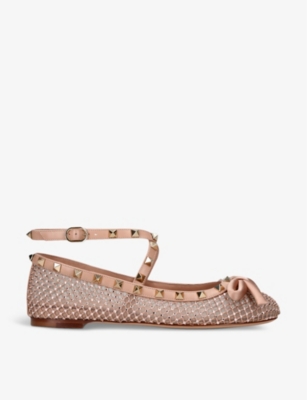 VALENTINO GARAVANI: Rockstud bow-embellished crossover-strap mesh-covered leather ballet flats